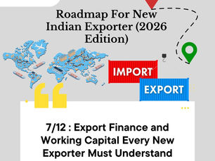 Map with import/export paths, red and blue containers labeled "IMPORT" and "EXPORT." Text: Export finance guide for new exporters.