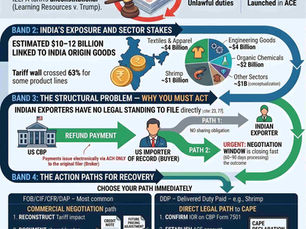 Trade advisory infographic detailing $12B US tariff refund for Indian exporters, with steps for recovery paths, sector stakes, and legal issues.