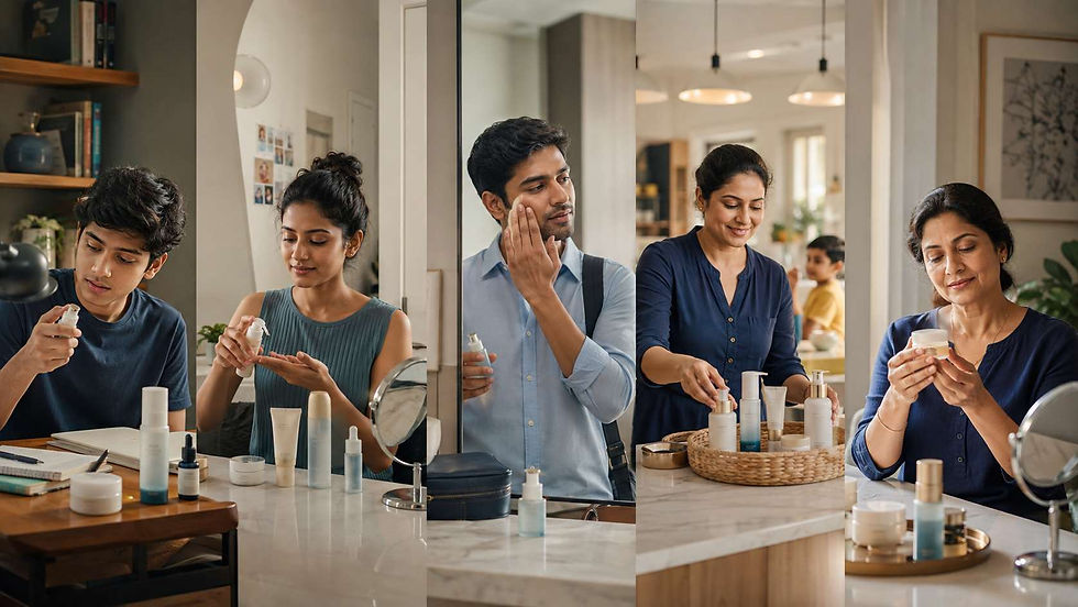 Four people use skincare products at a home vanity, applying cream and spray in a bright bathroom; calm, self-care mood