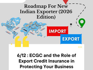 Map with ships, containers labeled Import and Export. Text: "Roadmap For New Indian Exporter (2026 Edition)." Info on export credit insurance.