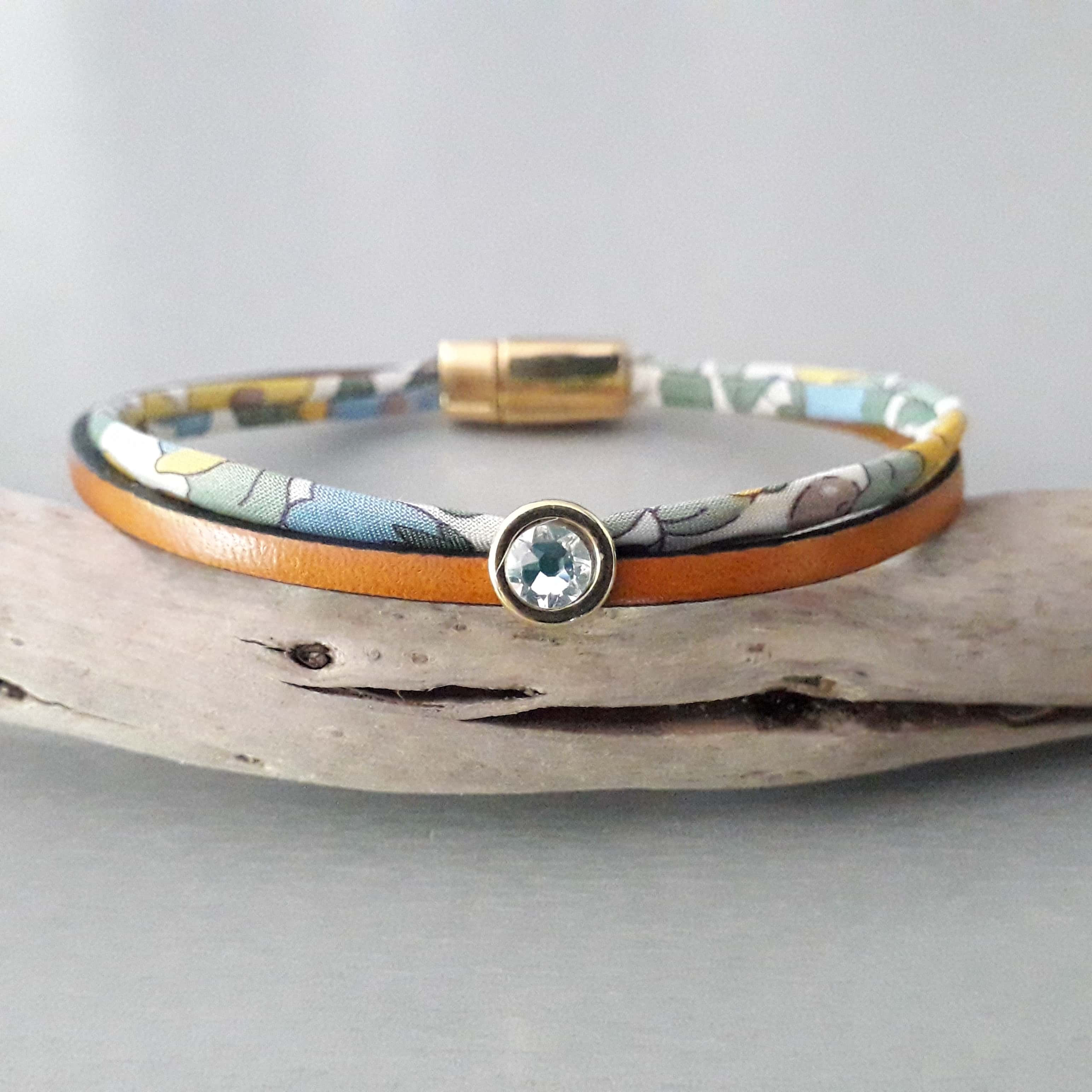 Bracelet cuir moutarde et coton liberty