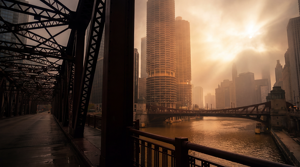 Chicago skyline viewed from a bridge at golden hour with dramatic clouds.