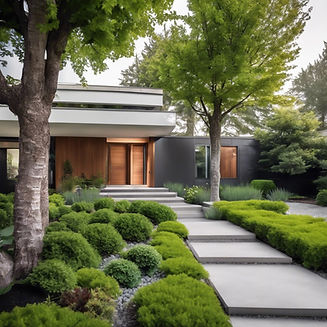 front entrance garden mature trees modern house .jpg
