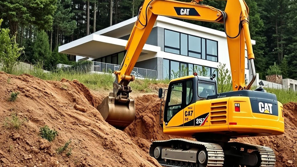 Excavator digging soil during residential pool or retaining wall construction showing exposed ground conditions