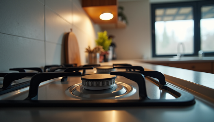 Eye-level view of a kitchen stove with burners and oven door in a modern home