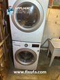 Stacked washer and dryer in a basement laundry room. "APPLIANCE REPAIR" text with logo. Website www.fixufa.com at bottom. Neutral tone.