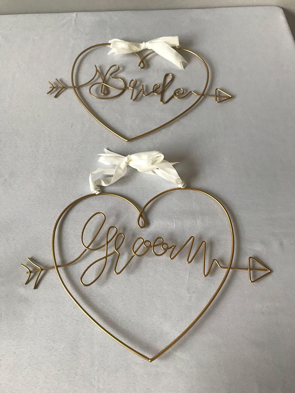 Thumbnail: Bride and Groom Wire Heart - Chair Signs
