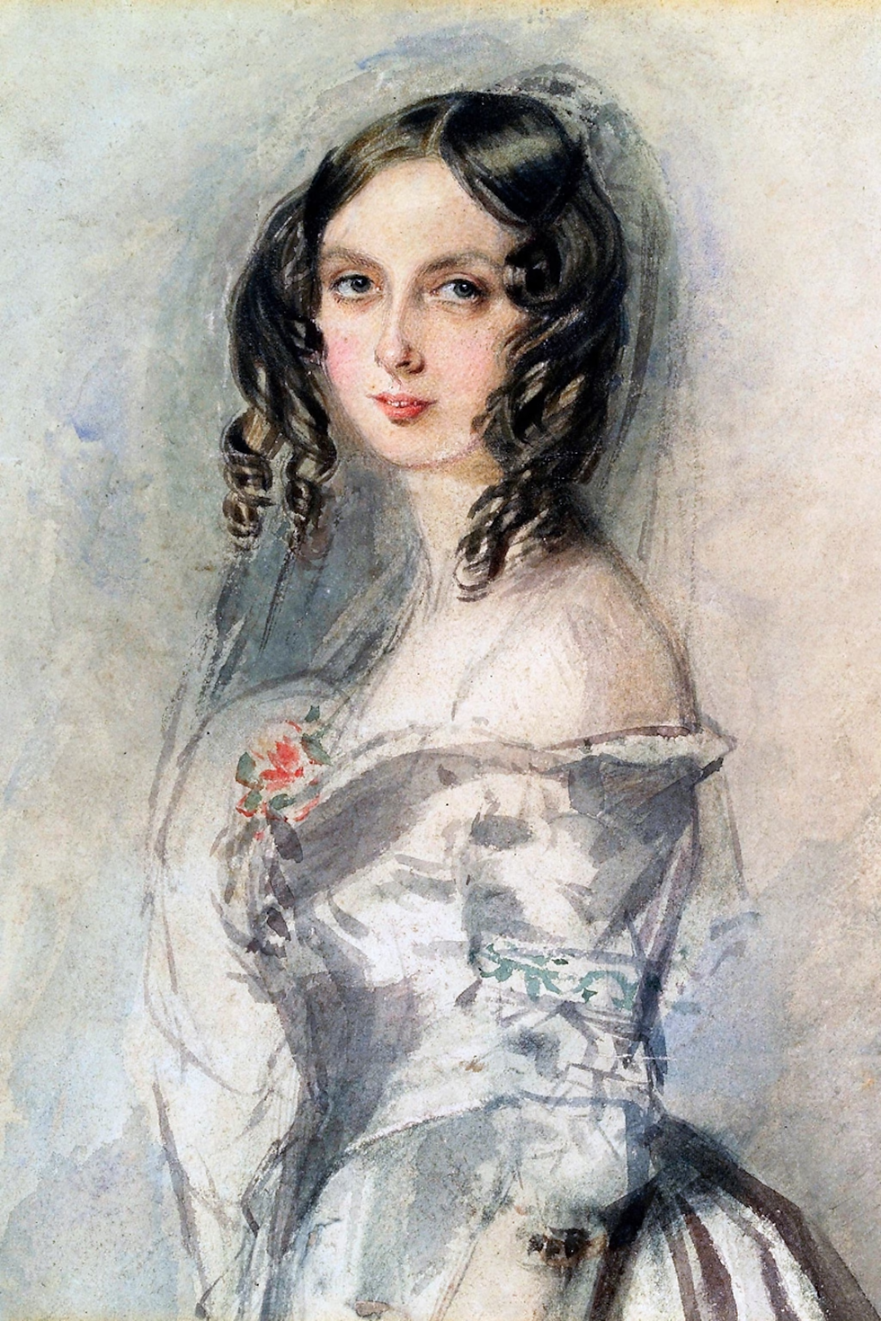 Watercolor portrait of Ada Lovelace with dark curls in an off-shoulder dress, gazing calmly against a pale background.