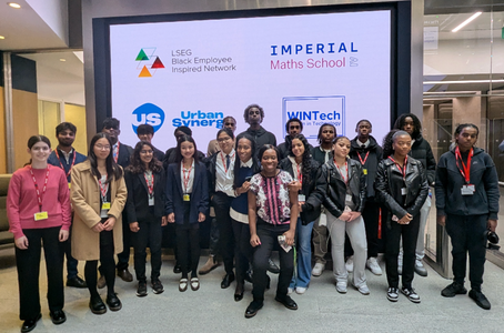 A group of students while LSEG is hosting a career day for students at Imperial College London Maths School