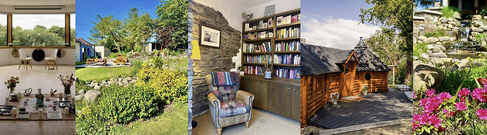 Collage of cozy interiors and lush gardens: reading nook, patio, log cabin, and stone waterfall; small text reads ATLAS WORLD
