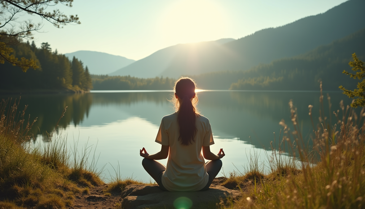 Eye-level view of a calm nature scene with a woman meditating near a lake