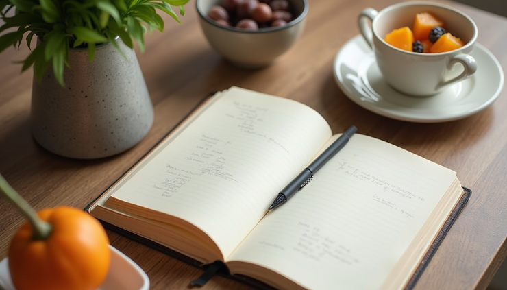 High angle view of a journal and healthy snacks on a kitchen counter