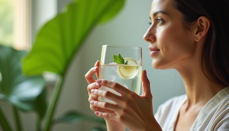 Close-up view of a woman holding a glass of water with leafy greens in the background