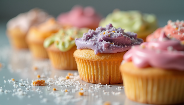 Close-up view of a colorful assortment of sugary desserts on a table