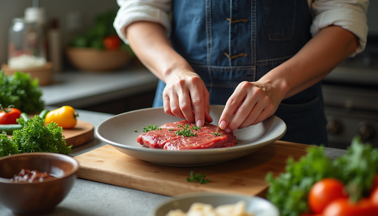 High angle view of a person preparing a ketogenic meal with vegetables, meat, and healthy fats