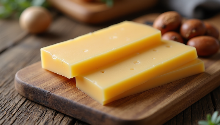 Eye-level view of a plate with cheese slices and nuts on a rustic table