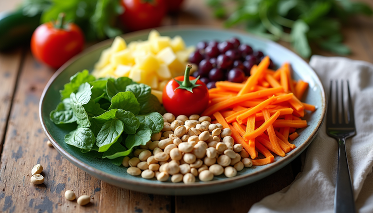 High angle view of a balanced meal with vegetables, nuts, and seeds