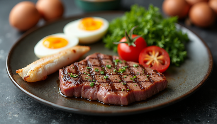 High angle view of a plate with various animal-based foods like steak, eggs, and fish