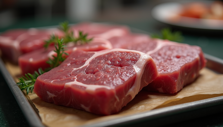 Eye-level view of fresh raw liver on a butcher’s tray