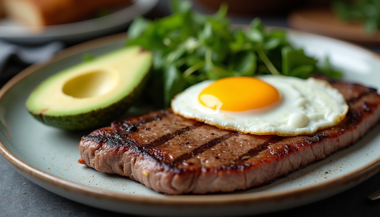 High angle view of a plate with steak, eggs, and avocado representing carnivore and keto diet