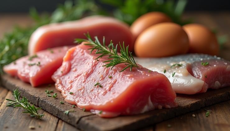 Eye-level view of fresh animal-based foods rich in protein and fats