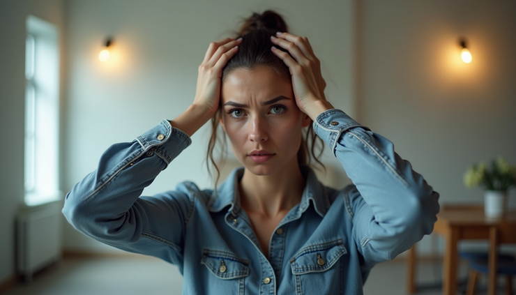 Eye-level view of a woman holding her head, showing signs of stress