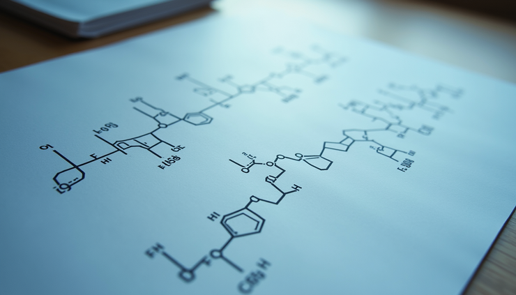 High angle view of hormone molecular structures on a scientific chart