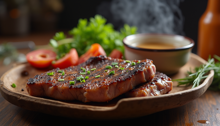 Eye-level view of a carnivore diet meal with grilled meat and bone broth