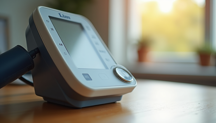 Close-up view of a blood pressure monitor on a wooden table