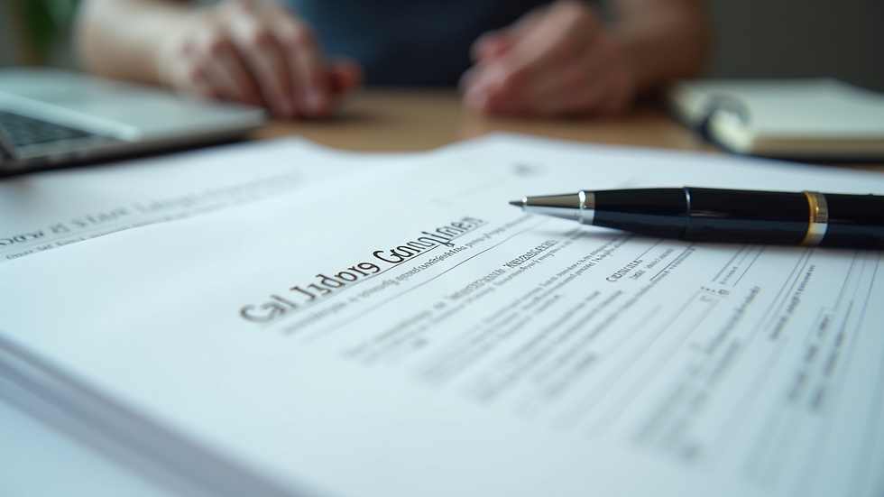 Close-up view of a stack of legal documents with a pen