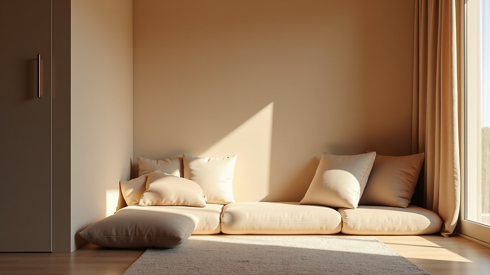Eye-level view of a cozy meditation corner with cushions and soft lighting