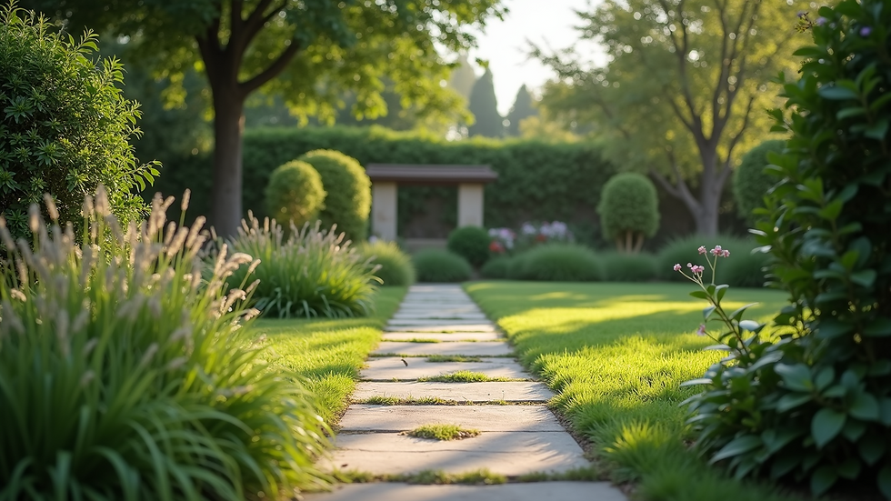Wide angle view of a peaceful garden with a stone pathway and greenery