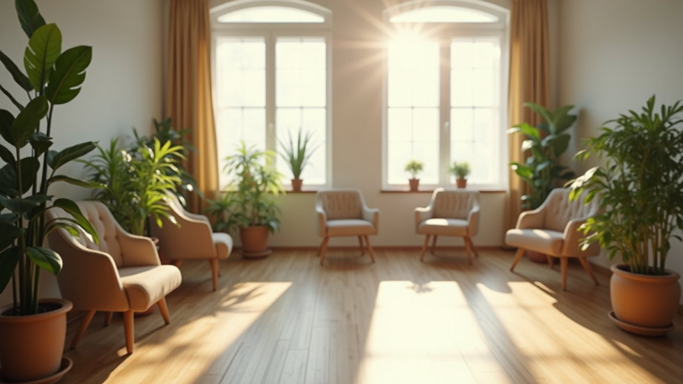 Eye-level view of a serene coaching room with plants and natural light