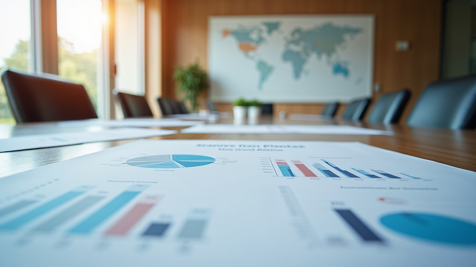Eye-level view of a modern office conference room with strategic planning documents