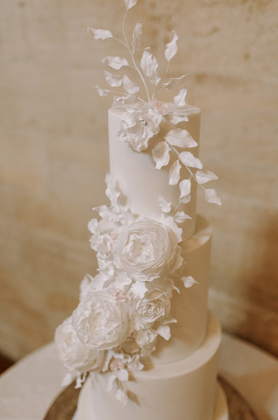 White wedding cake with delicate iced flowers.