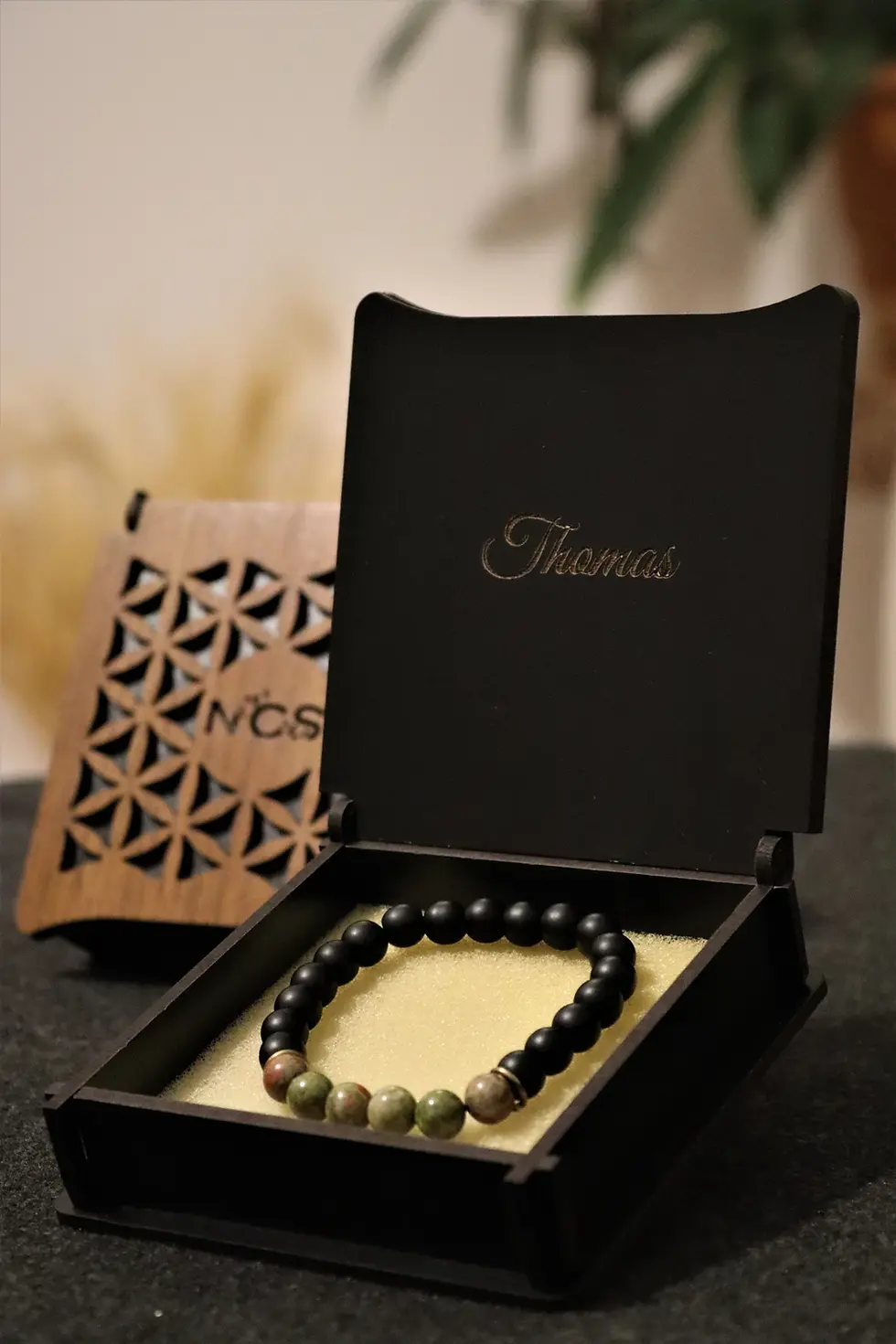 Thumbnail: natural stone men's bracelet in a personalized wooden box