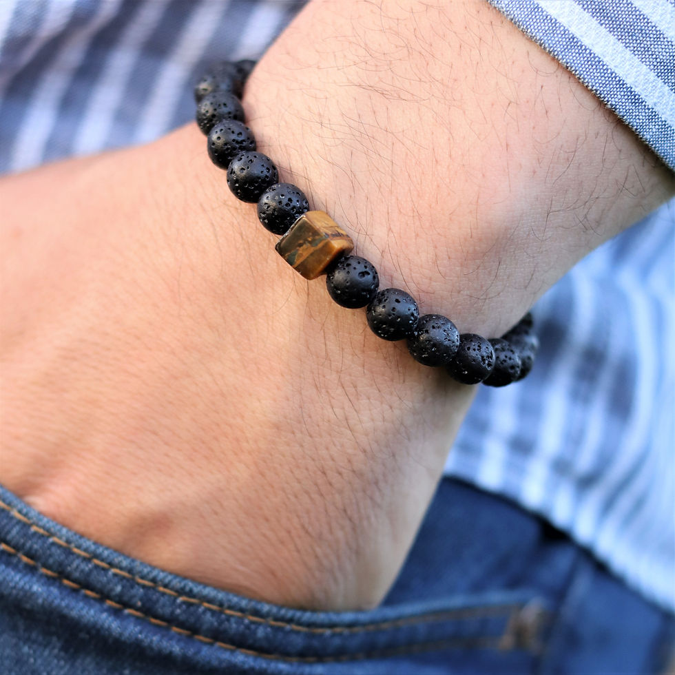 view of the Lava and Cube Tiger Eye Gemstone Bracelet on the wrist