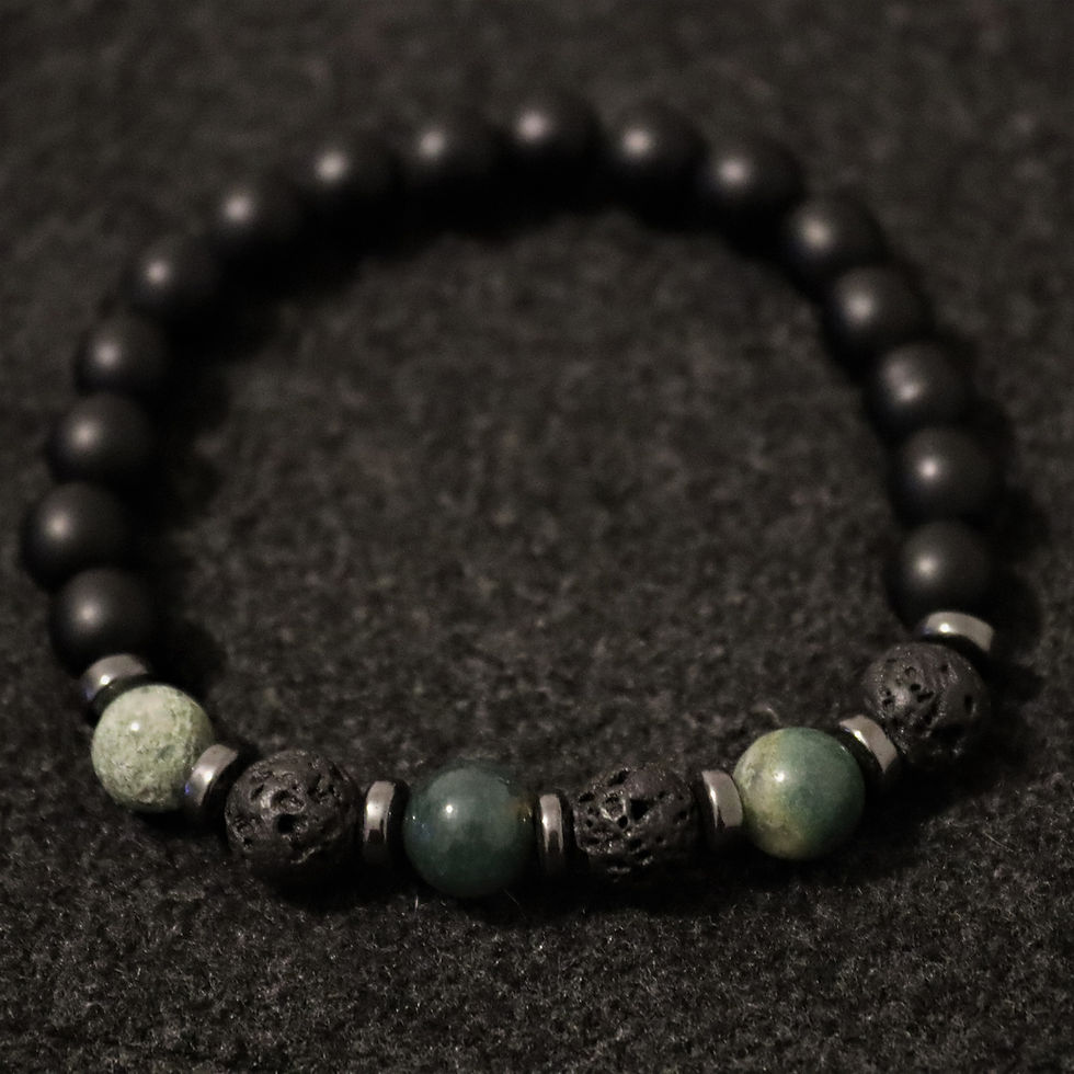 Thumbnail: Detail view of top view of Black Onyx, Moss Agate, Lava, Hematite Gemstone Men's Bracelet