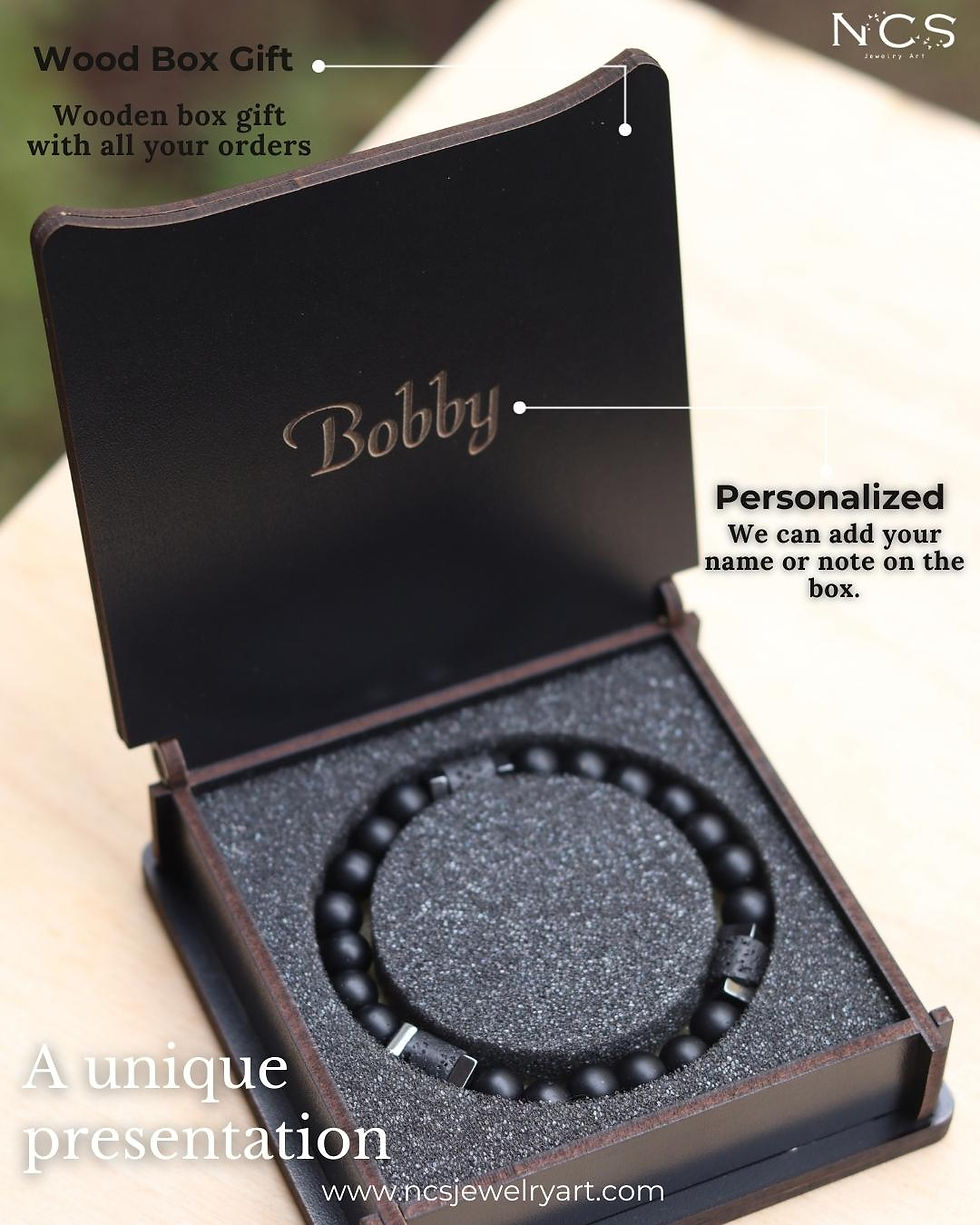 Thumbnail: Matte Black Onyx and Tibetan Agate in personalized wooden box