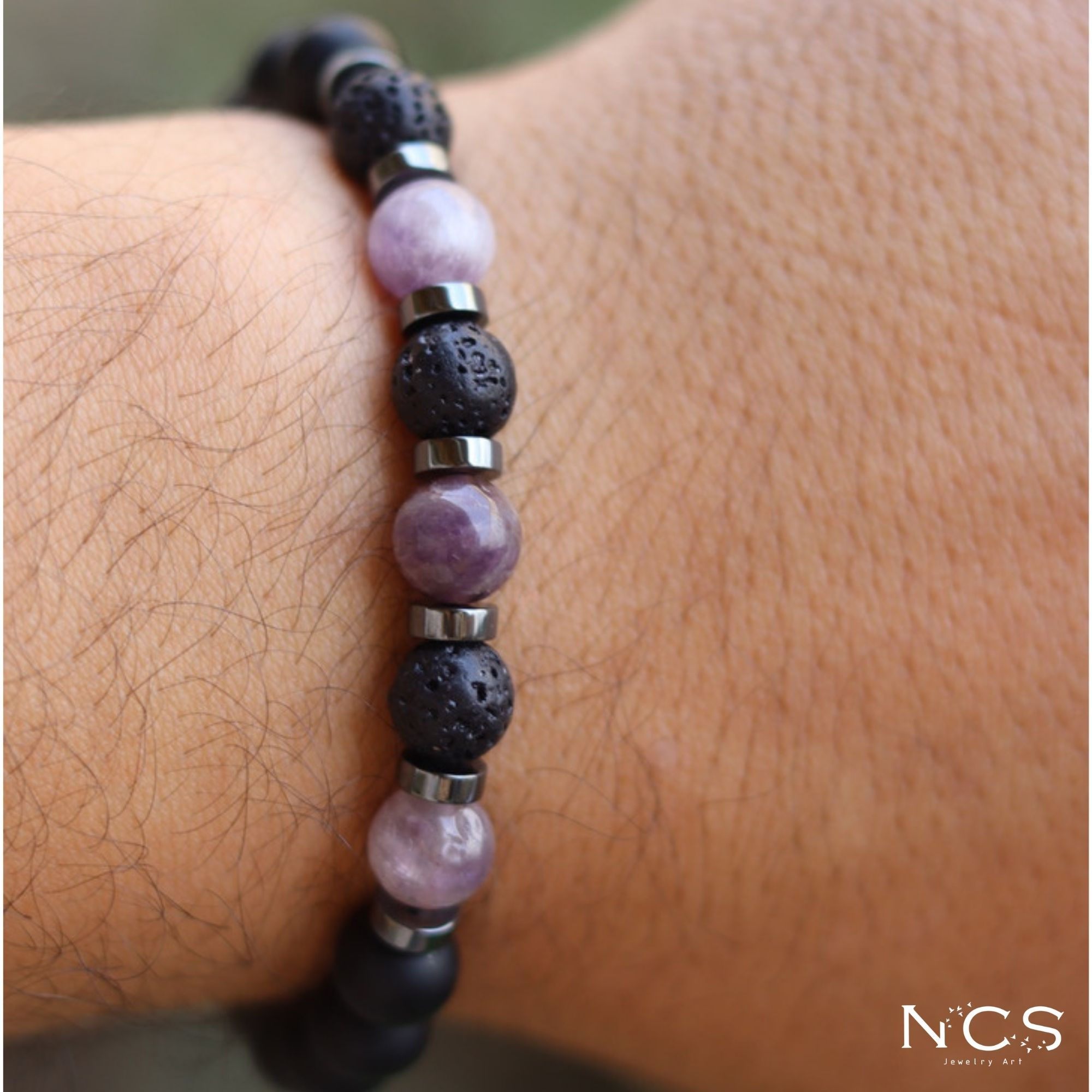 Black Onyx, Amethyst, Lava, Hematite Mens Bracelet