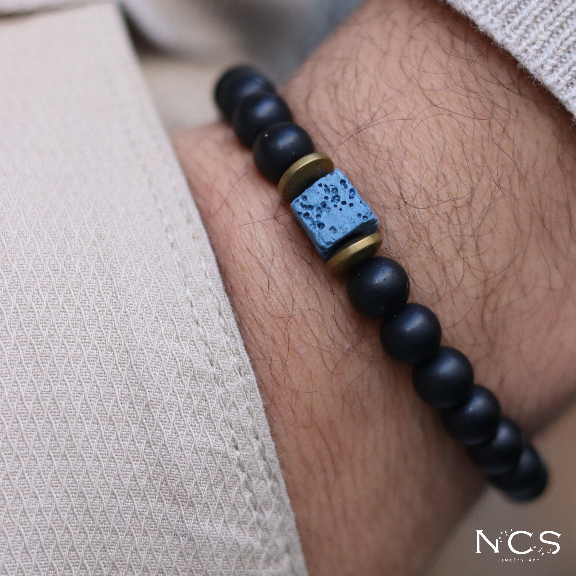 Cube Blue Lava Matt Black Onyx Bracelet