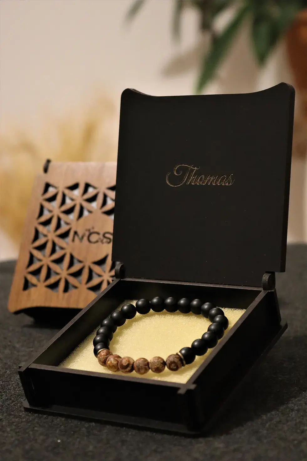Thumbnail: natural stone men's bracelet in a personalized wooden box