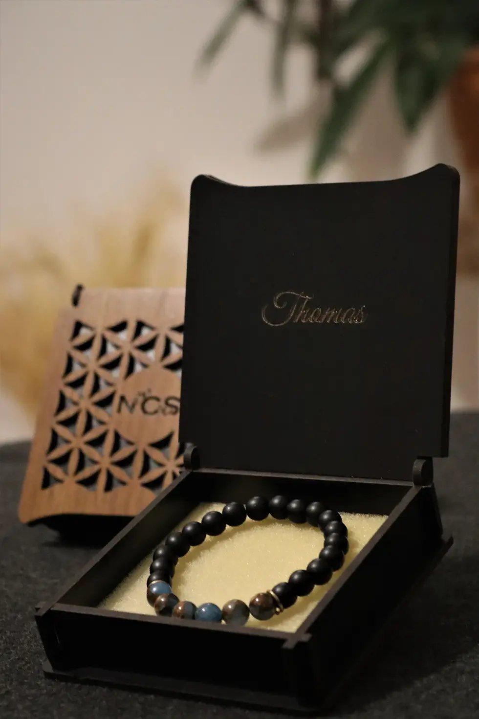 Thumbnail: natural stone men's bracelet in a personalized wooden box