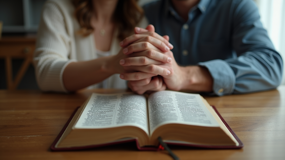 Eye-level view of a couple holding hands with a Bible on a wooden table
