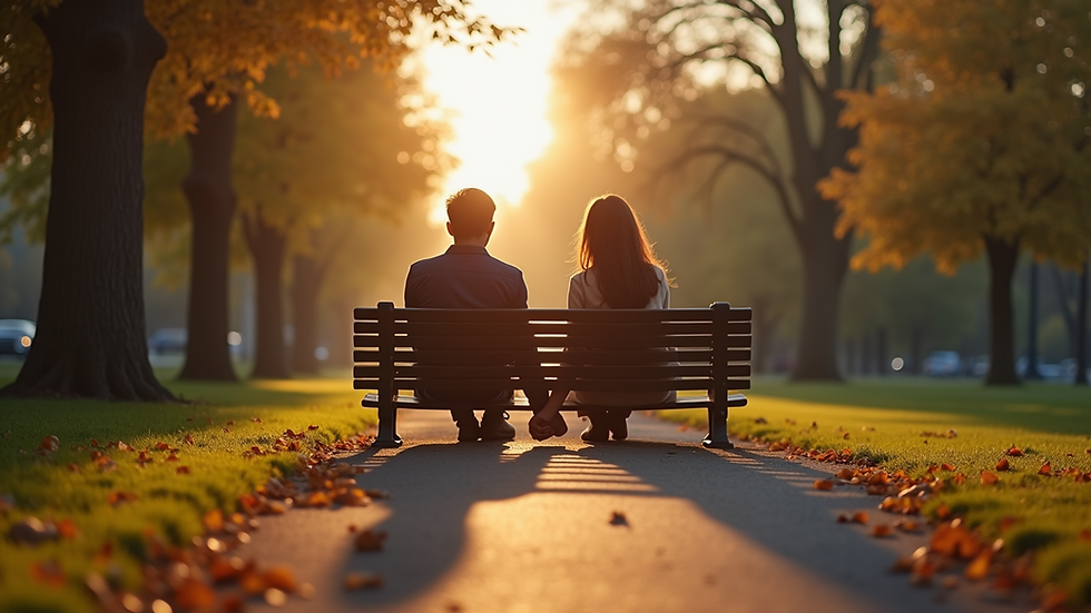 Eye-level view of a couple holding hands on a park bench