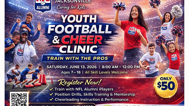 Get your child ready to train with the pros at the NFL Alumni Jacksonville Football & Cheer Clinic.
Young athletes and cheerleaders will learn directly from experienced NFL alumni while building skills, confidence, and teamwork in a fun, high-energy environment.
Open to ages 7ā18 and all skill levels, this clinic is perfect for both beginners and experienced participants looking to elevate their game.
š Expect hands-on training, skill development, and an unforgettable experience with real football professionals.
š Spots are limited ā register early to secure your place.