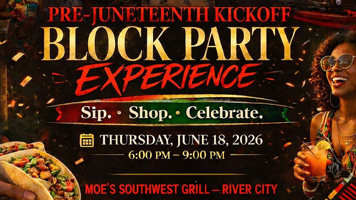 The Juneteenth Block Party Experience is a pre-Juneteenth kickoff celebration inviting Jacksonville to sip, shop, and celebrate in an elevated community atmosphere.
Hosted by The Curative Market Co. at Moe’s Southwest Grill - River City, the event brings together music, culture, networking, and positive vibes to kick off Juneteenth weekend.