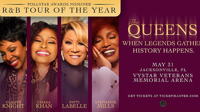 Don't miss The Queens Tour featuring legendary performers Gladys Knight, Chaka Khan, Patti LaBelle, and Stephanie Mills.
This unforgettable concert brings together four iconic voices in R&B and soul music for a powerful night of live performance and timeless hits.
Experience an evening of music history as these legendary artists take the stage together at VyStar Veterans Memorial Arena in Jacksonville.