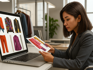 Fashion buyer reviewing digital apparel designs using DAM system