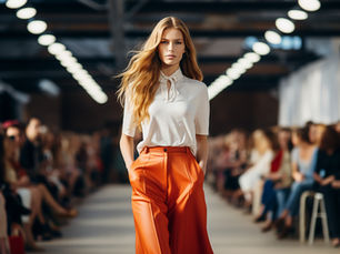 Womenswear SS26 runway moment with tailored top and bold colored bottoms in a packed venue.